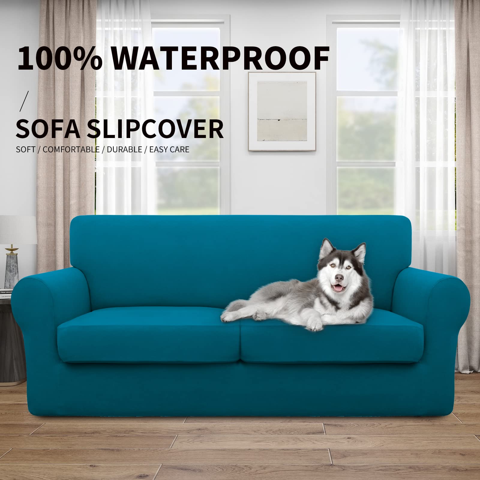 Easy-Going 100% Dual Waterproof Oversized Loveseat Cover Stretch Soft Couch Cover For Dogs, Sofa Slipcover For 2 Separate Cushion Couch Leakproof Furniture Protector Peacock Blue