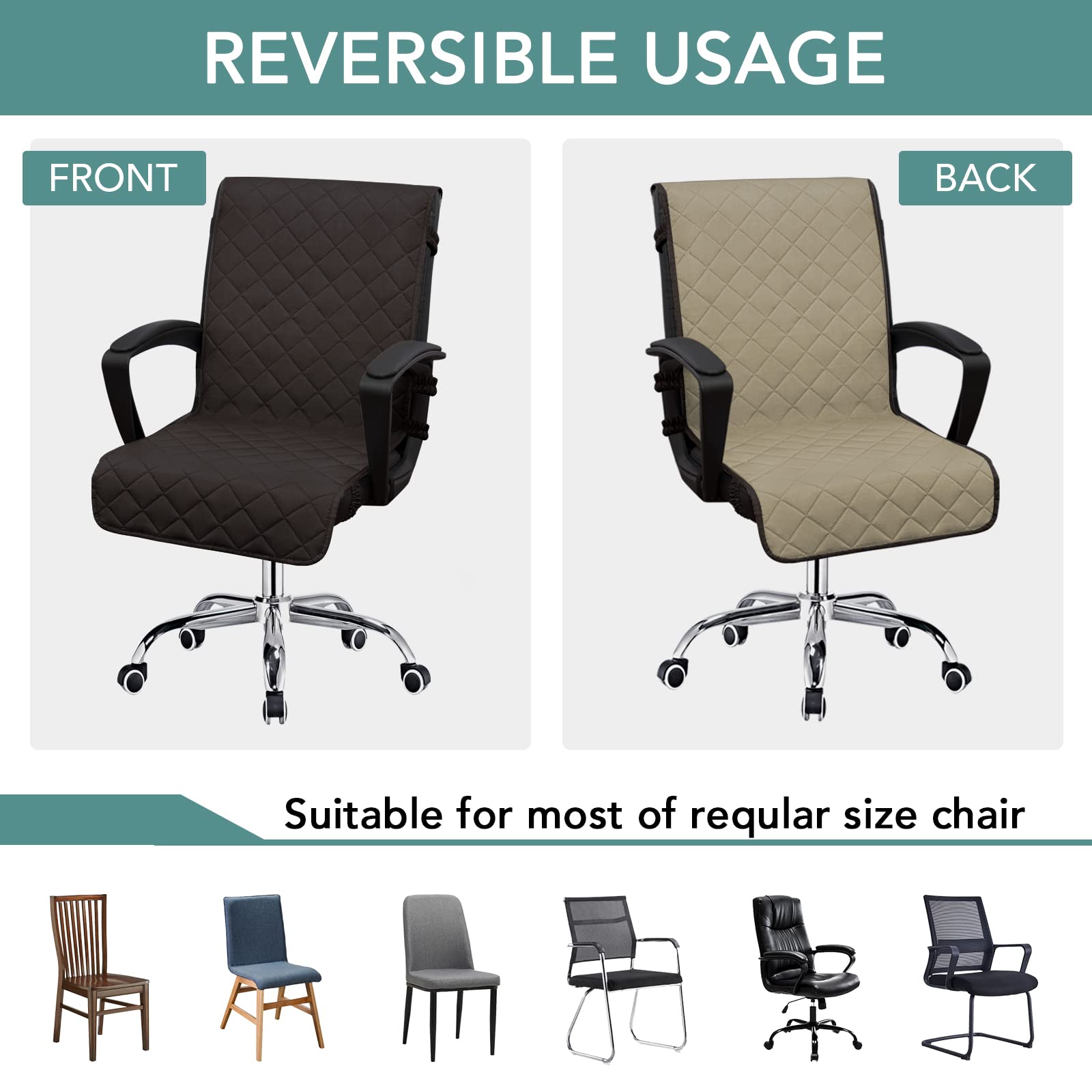 Easy-Going Reversible Office Chair Cover Water Resistant Dining Chair Cover Soft Desk Computer Chair Slipcover With Anti-Slip Buckle For Armchair Or Armless Chair (Large, Chocolate/Beige)