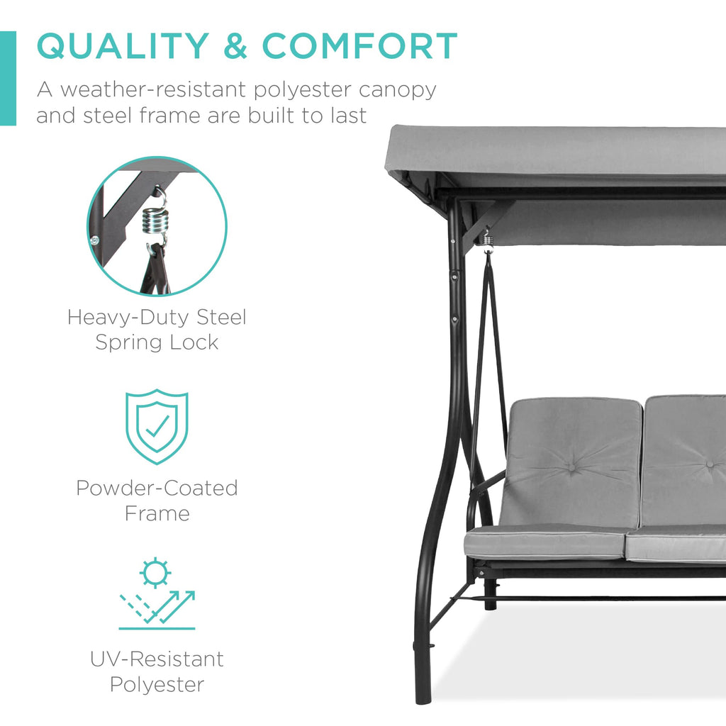 Best Choice Products 3-Seat Outdoor Large Converting Canopy Swing Glider, Patio Hammock Lounge Chair For Porch, Backyard W/Flatbed, Adjustable Shade, Removable Cushions - Fog Gray
