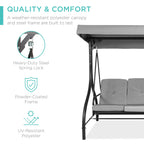 Best Choice Products 3-Seat Outdoor Large Converting Canopy Swing Glider, Patio Hammock Lounge Chair For Porch, Backyard W/Flatbed, Adjustable Shade, Removable Cushions - Fog Gray