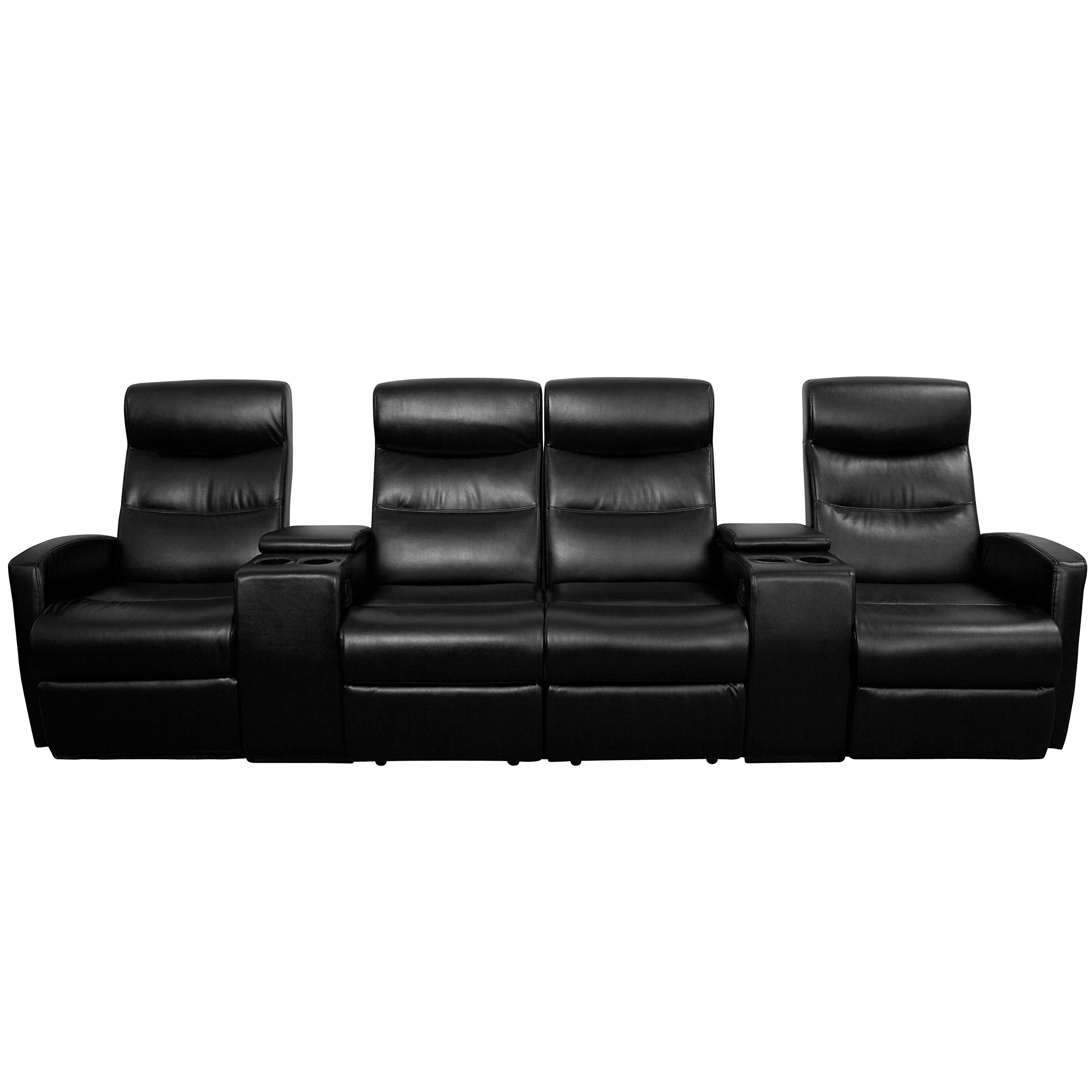 Flash Furniture Anetos Series 4-Seat Reclining Black LeatherSoft Theater Seating Unit with Cup Holders