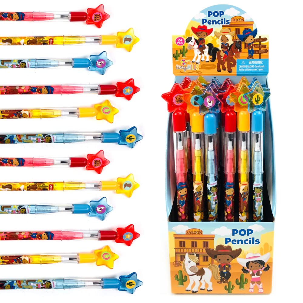Tinymills 24 Pcs Western Black Cowboys Cowgirls Multi Point Pencils Stackable Stacking Push Pencils Assortment With Eraser For W