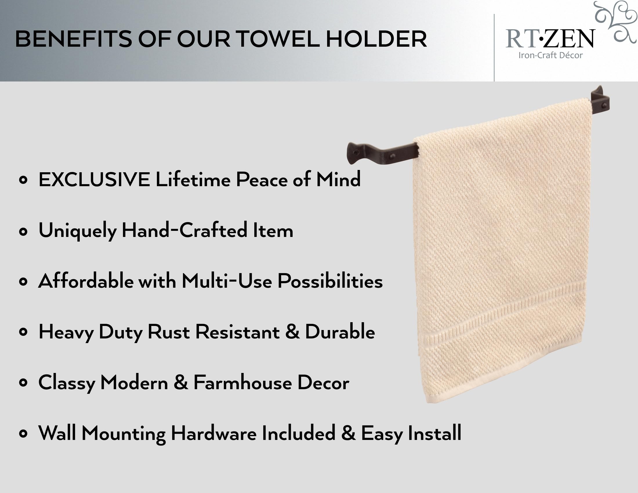 Rtzen Farmehouse Bathroom Towel Holder - Wrought Iron Matte Black Towel Bar Wall Mount Rod - Home Decor Kitchen Towel Hanger Han