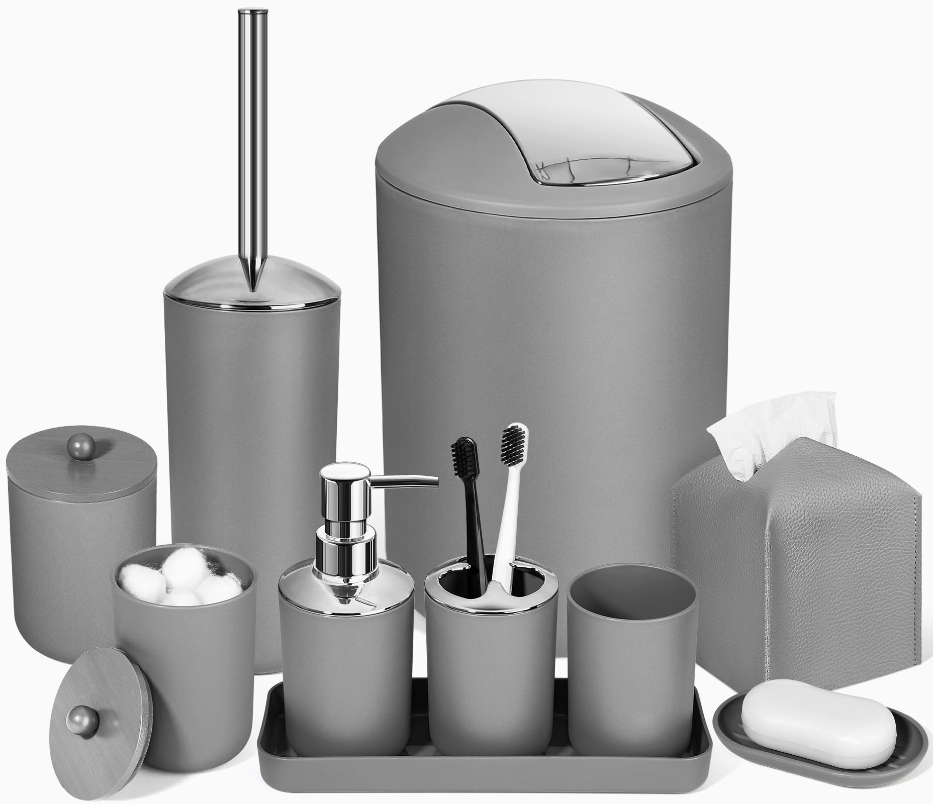 ALPIRIRAL Grey Bathroom Accessories Set, 10Pcs Bathroom Accessory Set with Trash Can, Soap Dispenser and Toothbrush Holder, Soap