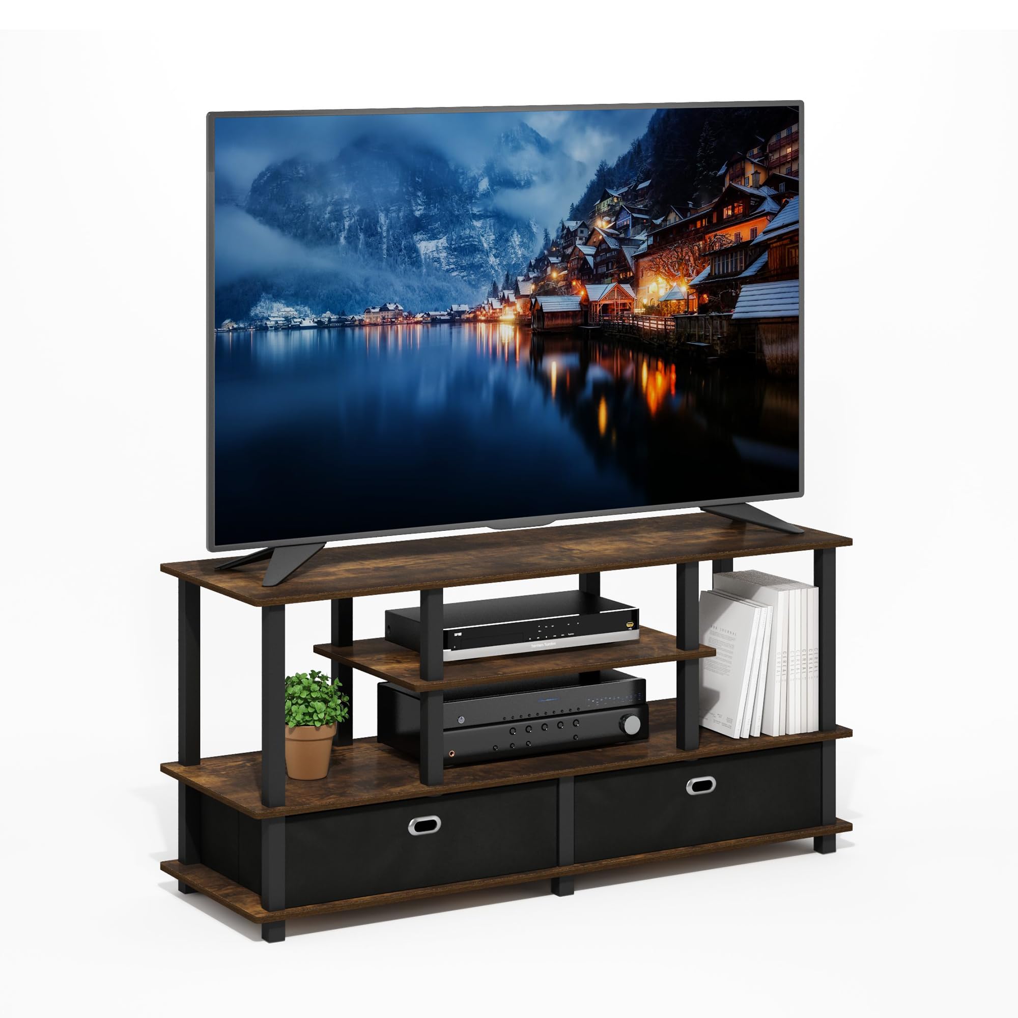 Furinno Jaya Large TV Stand for up to 55-Inch TV with Storage Bin, Amber Pine/Black/Black