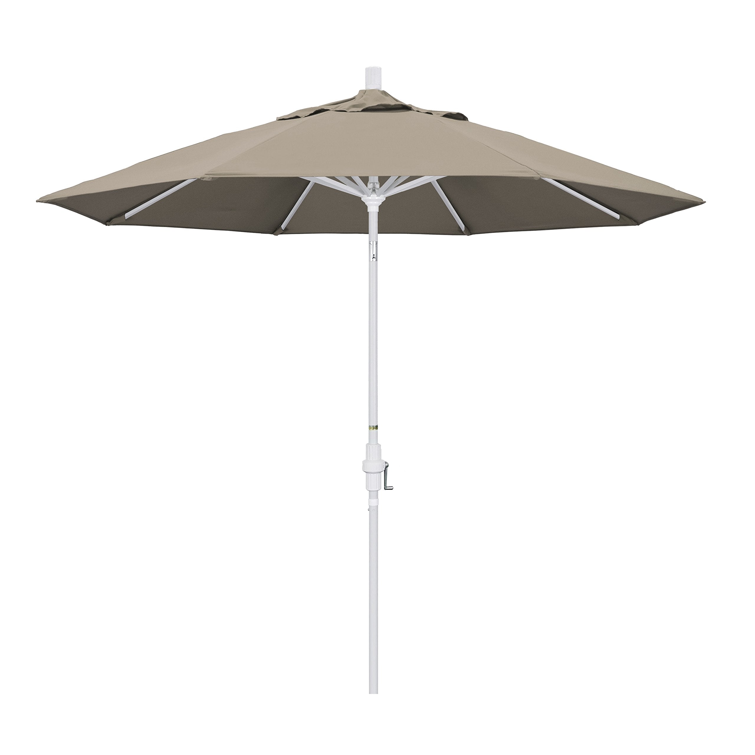 California Umbrella 9' Round Aluminum Market Umbrella, Crank Lift, Collar Tilt, White Pole, Pacifica Taupe