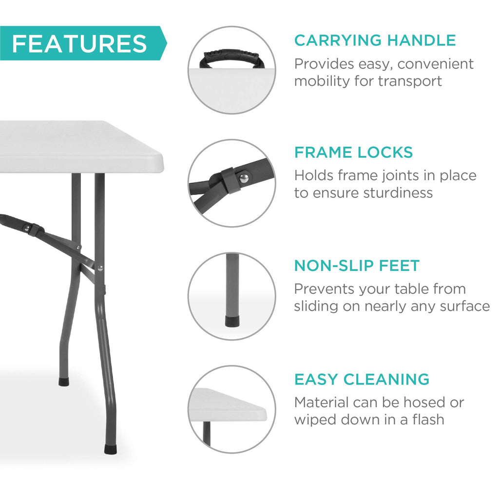 Best Choice Products 8ft Folding Table, Heavy Duty Portable Plastic Indoor Outdoor, White, 96" L x 30" W