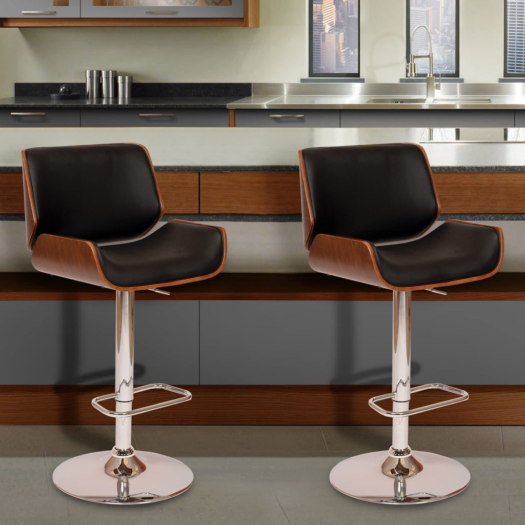 HomeRoots Chrome Metal, Walnut Vaneer, Leatherette Black Upholstered Chrome Base Adjustable Bar Stool