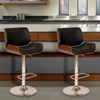 HomeRoots Chrome Metal, Walnut Vaneer, Leatherette Black Upholstered Chrome Base Adjustable Bar Stool