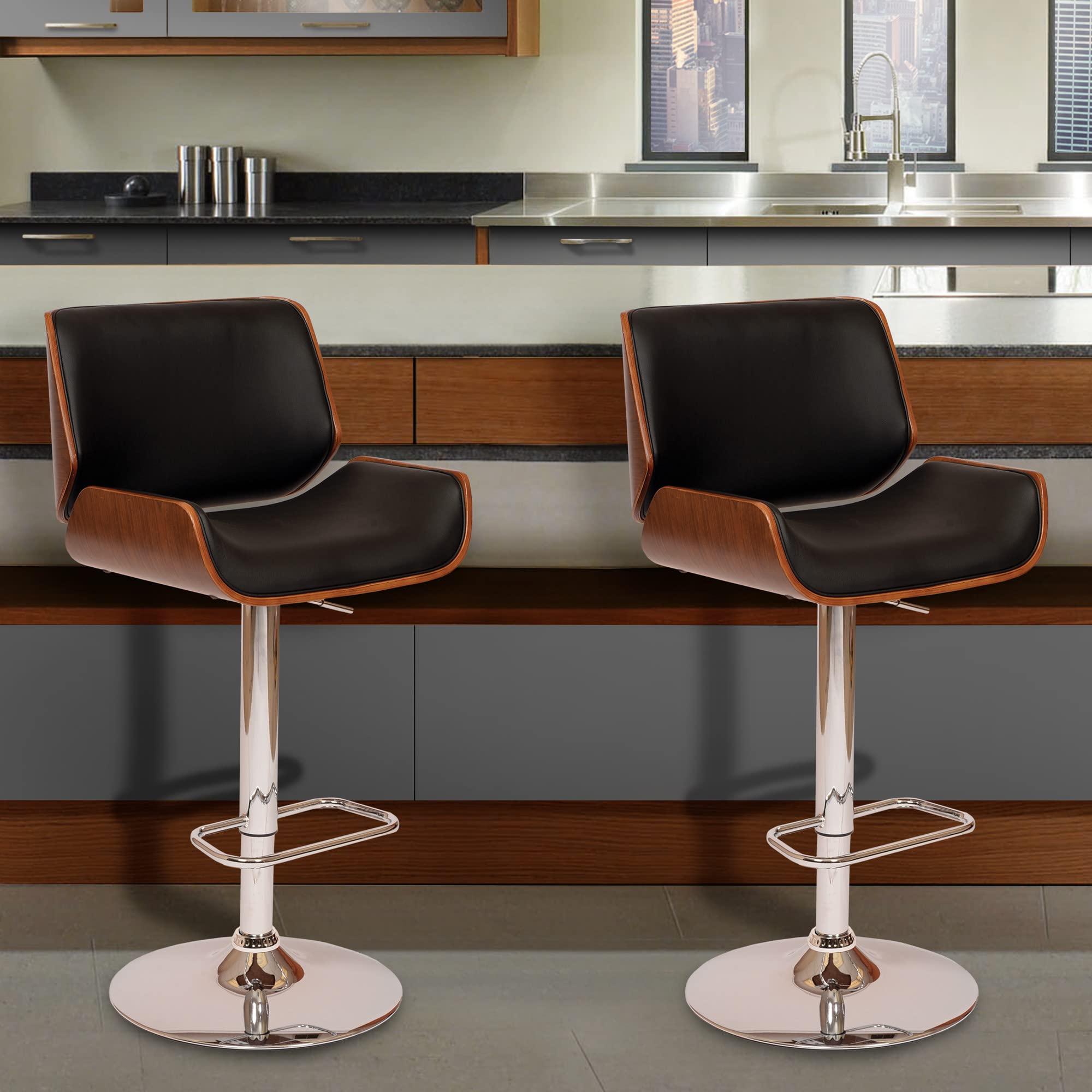 HomeRoots Chrome Metal, Walnut Vaneer, Leatherette Black Upholstered Chrome Base Adjustable Bar Stool