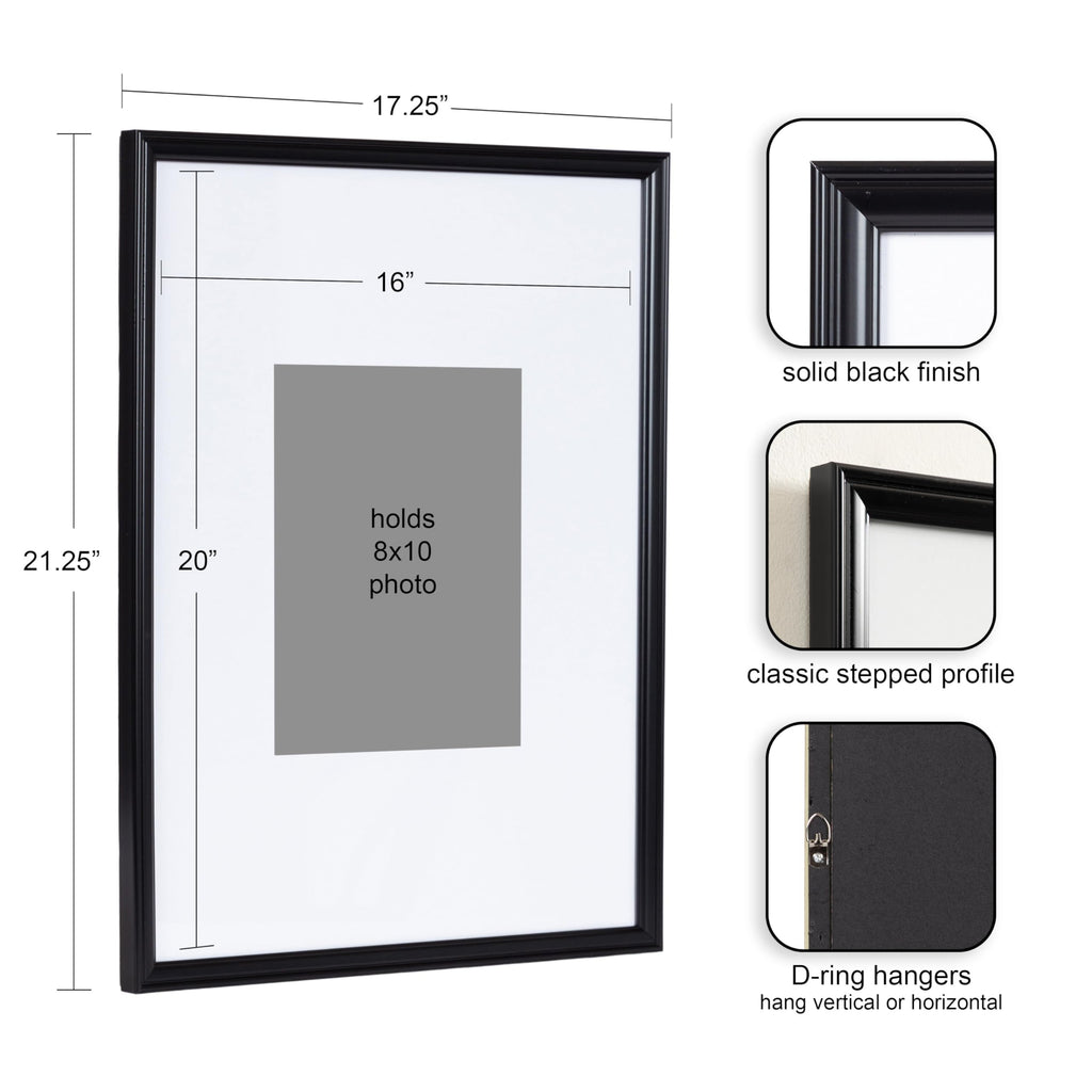 Kate And Laurel Adlynn Rectangle Picture Frame Set Of 3, 16 X 20 Matted To 8 X 10, Black, Modern Three-Piece Frame Set For Galle