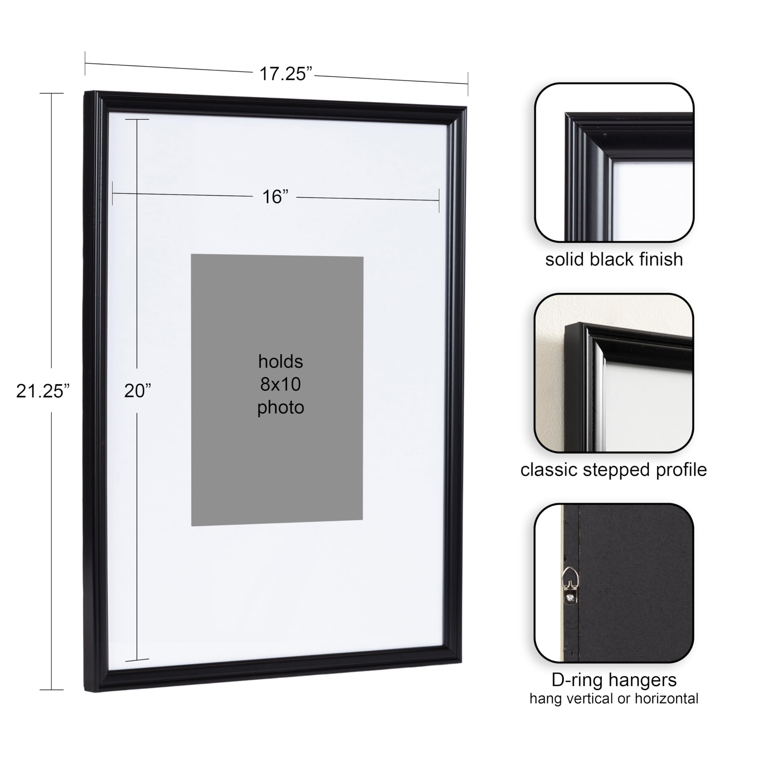 Kate And Laurel Adlynn Rectangle Picture Frame Set Of 3, 16 X 20 Matted To 8 X 10, Black, Modern Three-Piece Frame Set For Galle