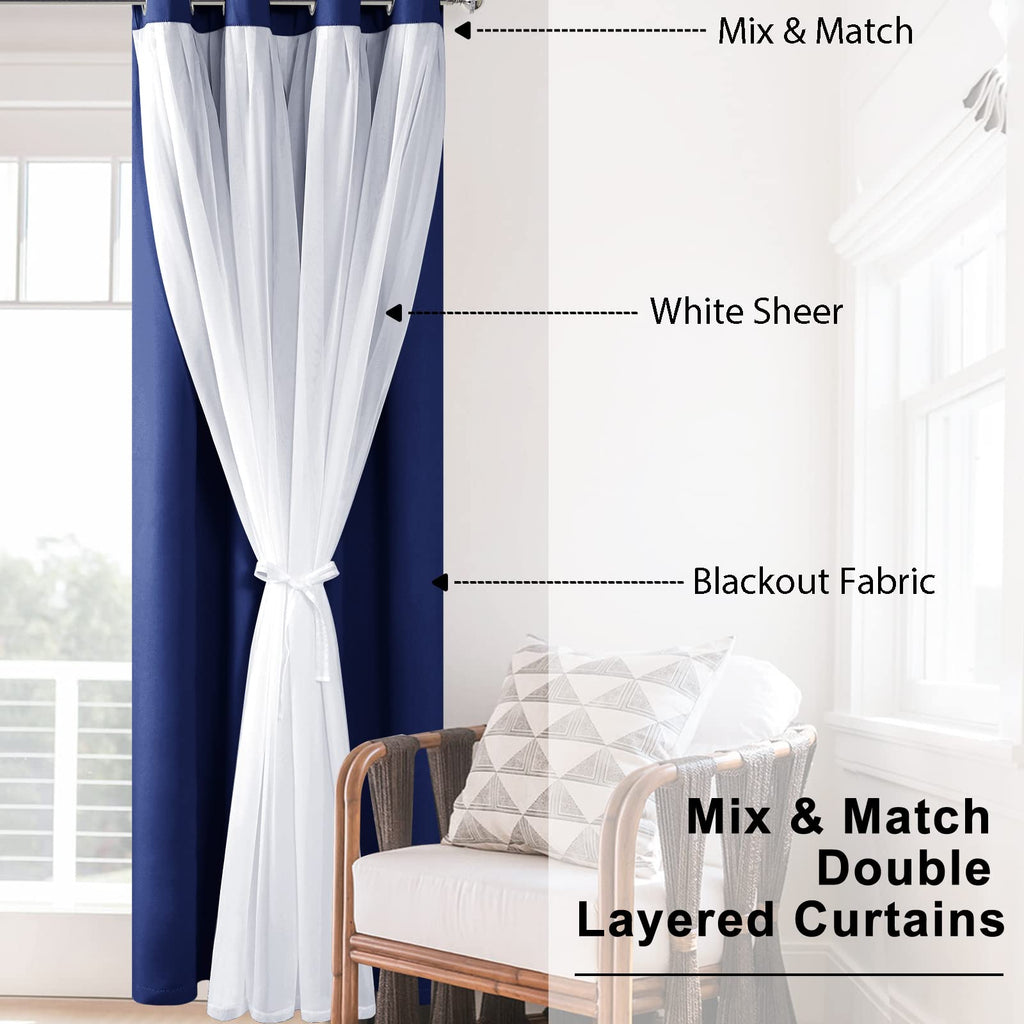 Hiasan Blackout Curtains With Sheer Overlay 84 Inches Long, Thermal Insulated Double Layer Window Curtains For Bedroom, Living R