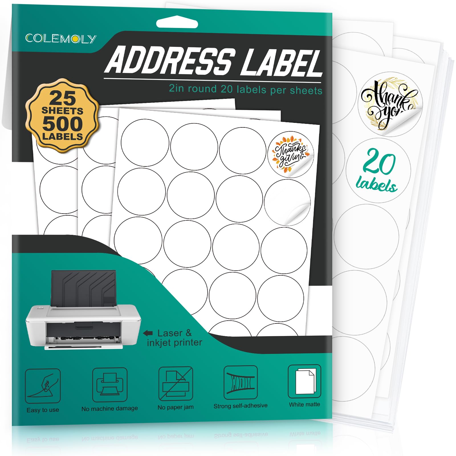 Colemoly Address Labels 2    Round For Laser And Inkjet Printers - 25 Sheets, 20 Labels Per Sheet 500 Blank Matte White Sticker