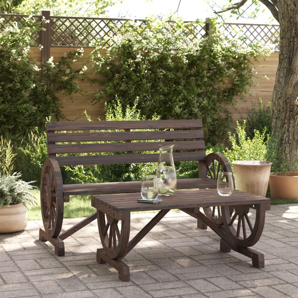 vidaXL 2-Piece Patio Set - Solid Fir Wood Garden Bench and Coffee Table, Ergonomic Seating, Burnt Wood Finish, Outdoor Dining Furniture for Patio/Deck
