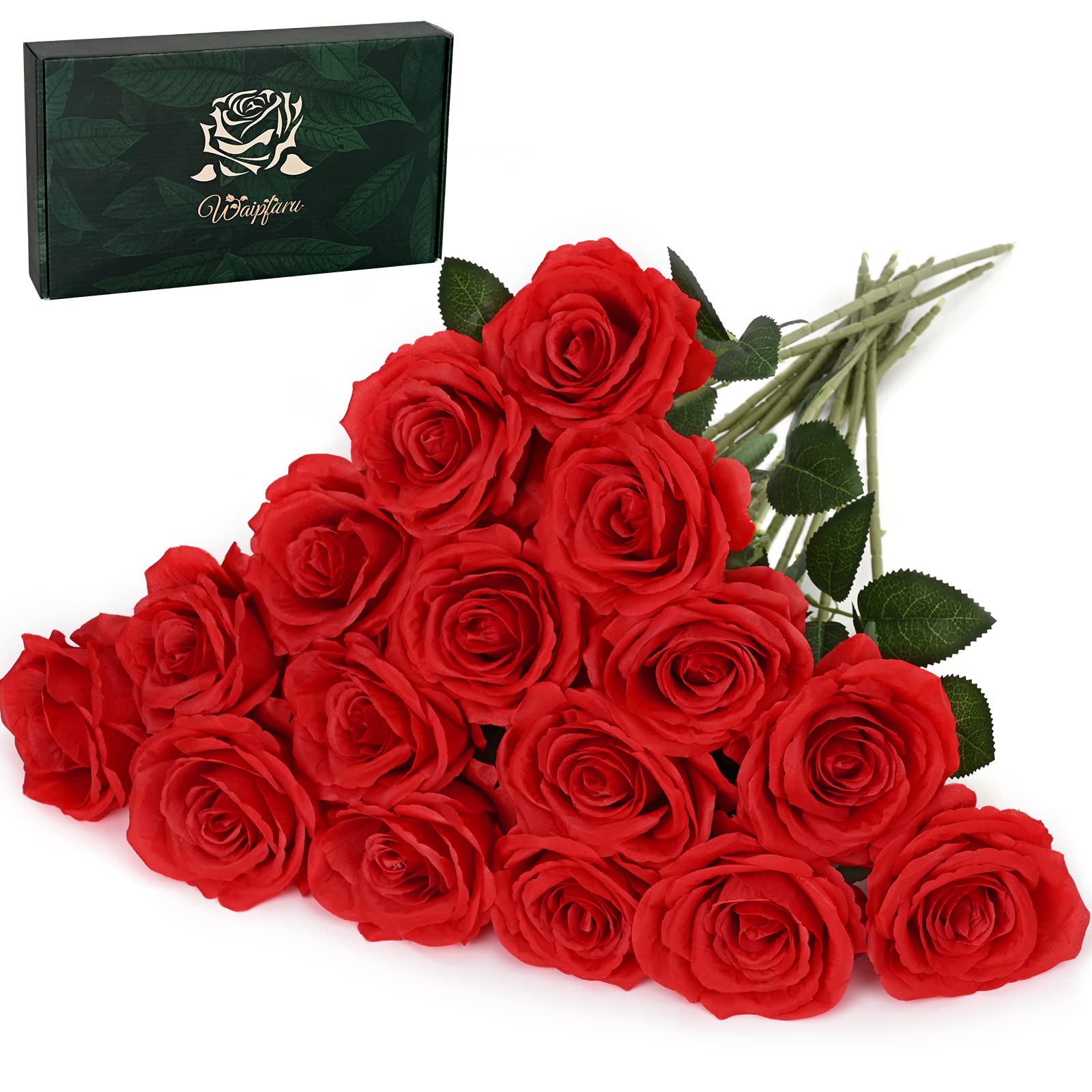 Waipfaru 16 Pcs Artificial Flowers Fake Silk Roses, Faux Real Touch Roses Bouquet with Long Stem for Wedding Party Home Decor (R