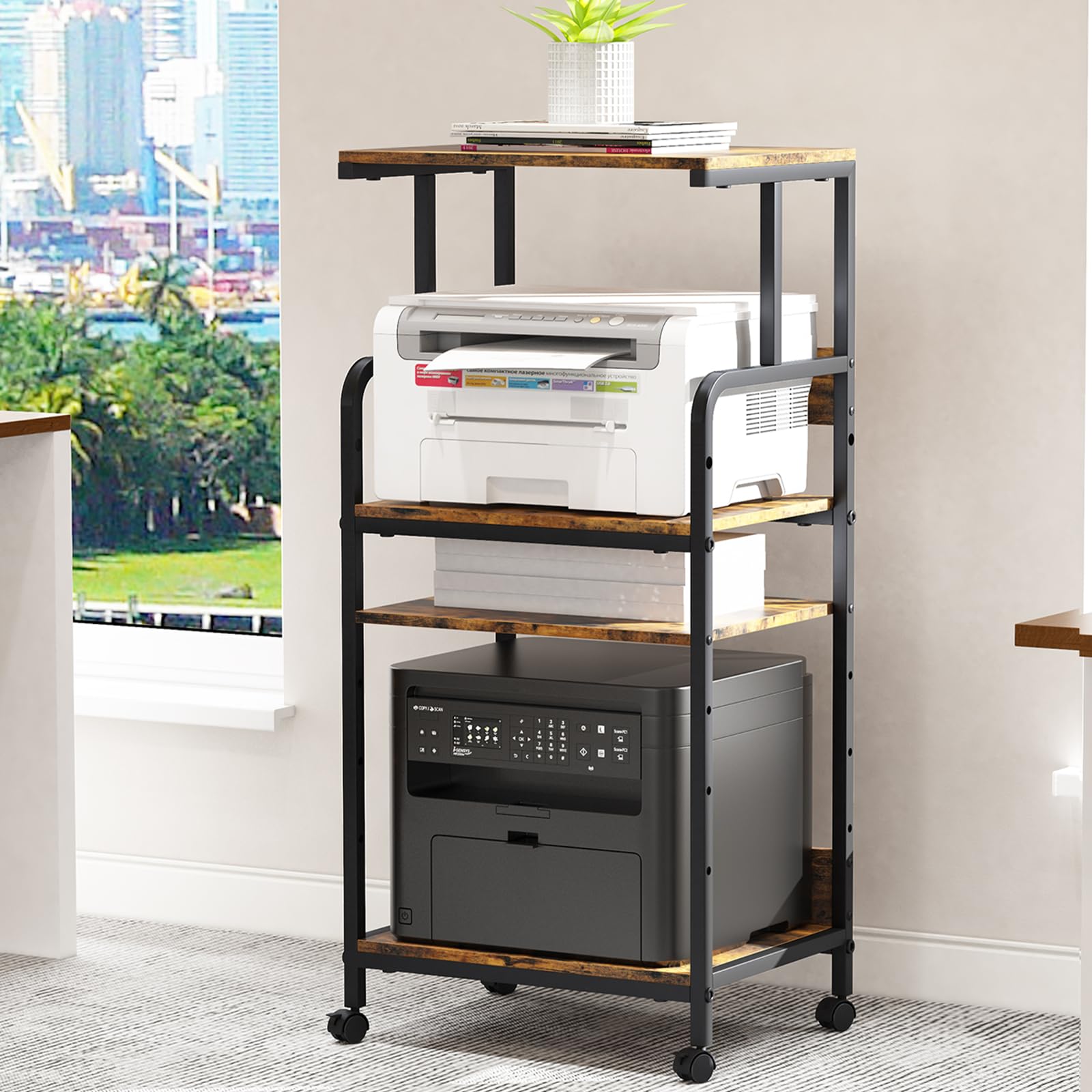 Arbuxzuy 4 Tier Printer Stand with Storage Shelf, Large Tall Printer Cart with Wheels, Mobile Printer Table for Home Office, Adj
