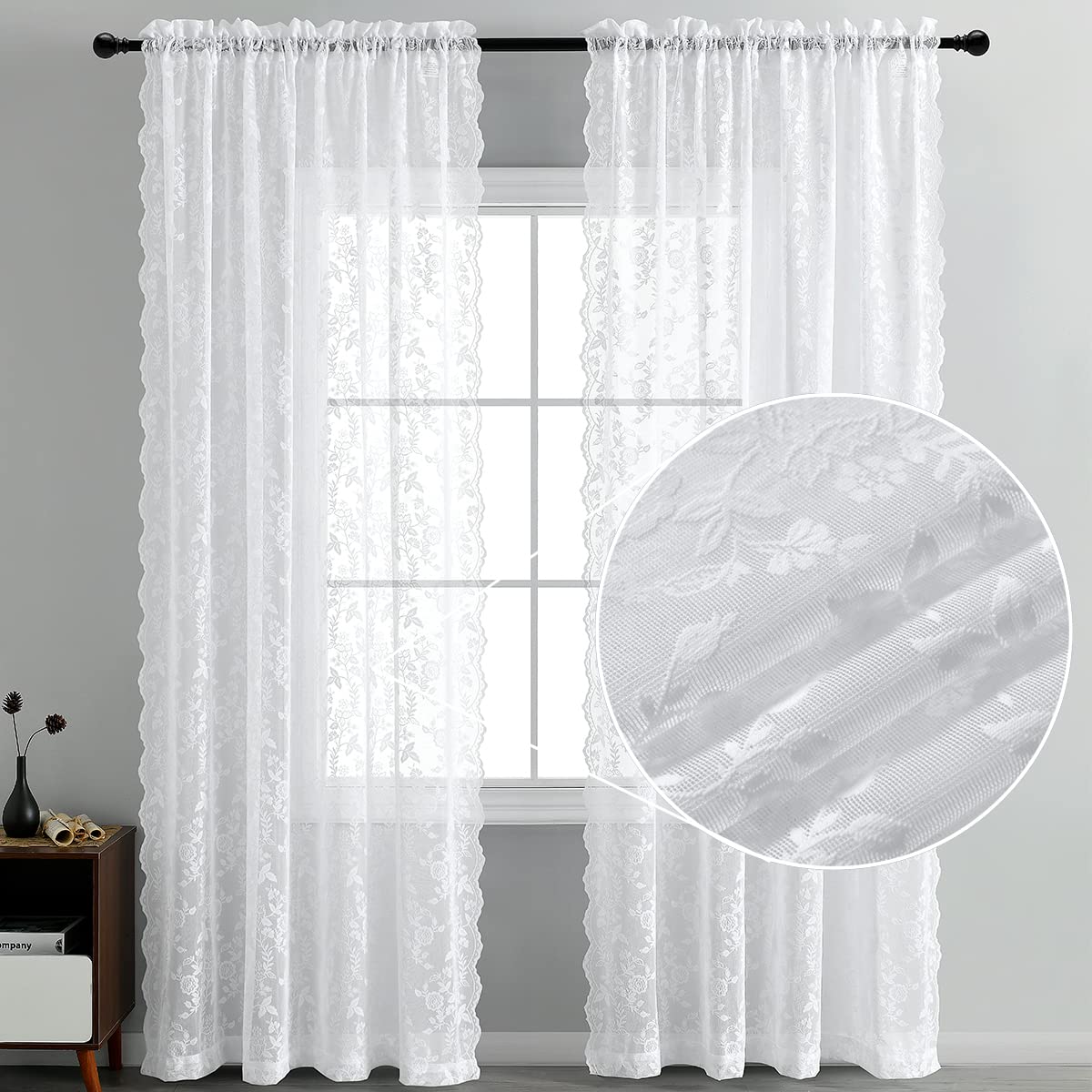 Finecity White Lace Curtains 90 Inch Length For Bedroom, Country Leaf Floral Knitted Sheer Lace Curtains 2 Panels Set, Rod Pocke