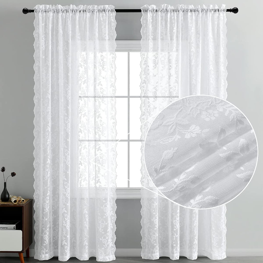 Finecity White Lace Curtains 108 Inch Long, Vintage Country Floral Sheer Lace Curtains For Bedroom, Rod Pocket Privacy Scalloped