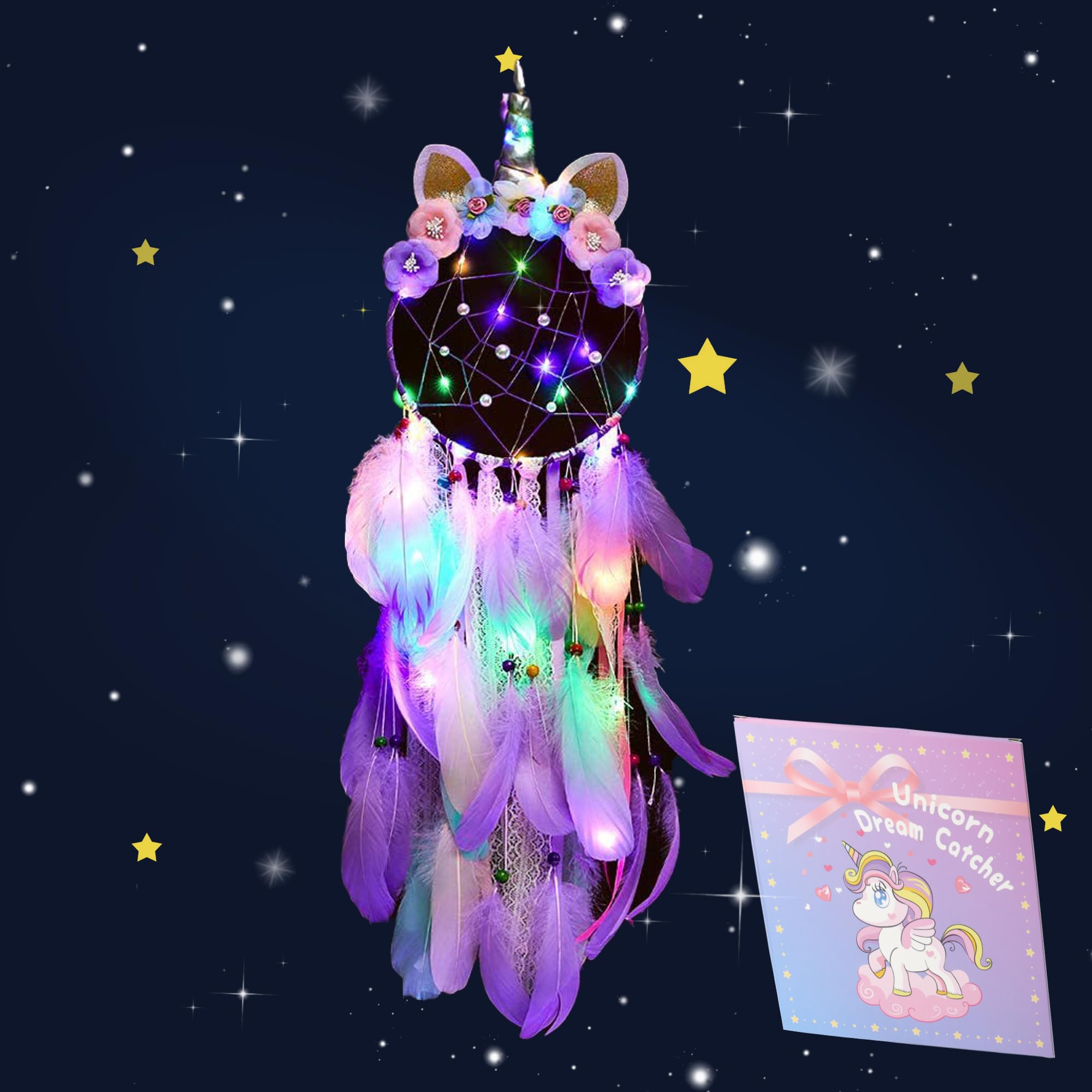 LED Lighted Up Unicorn Dream Catcher Wall Decor Colorful Feather Dreamcather Wall Hanging for Girls Kids Bedroom Decoration (Pur