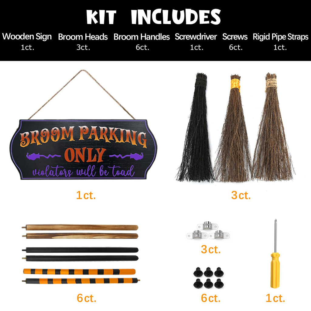 Oriental Cherry Halloween Decorations - Halloween Decor - Broom Parking Sign With 3 Wooden Witches Brooms - Hocus Pocus Cute Dec