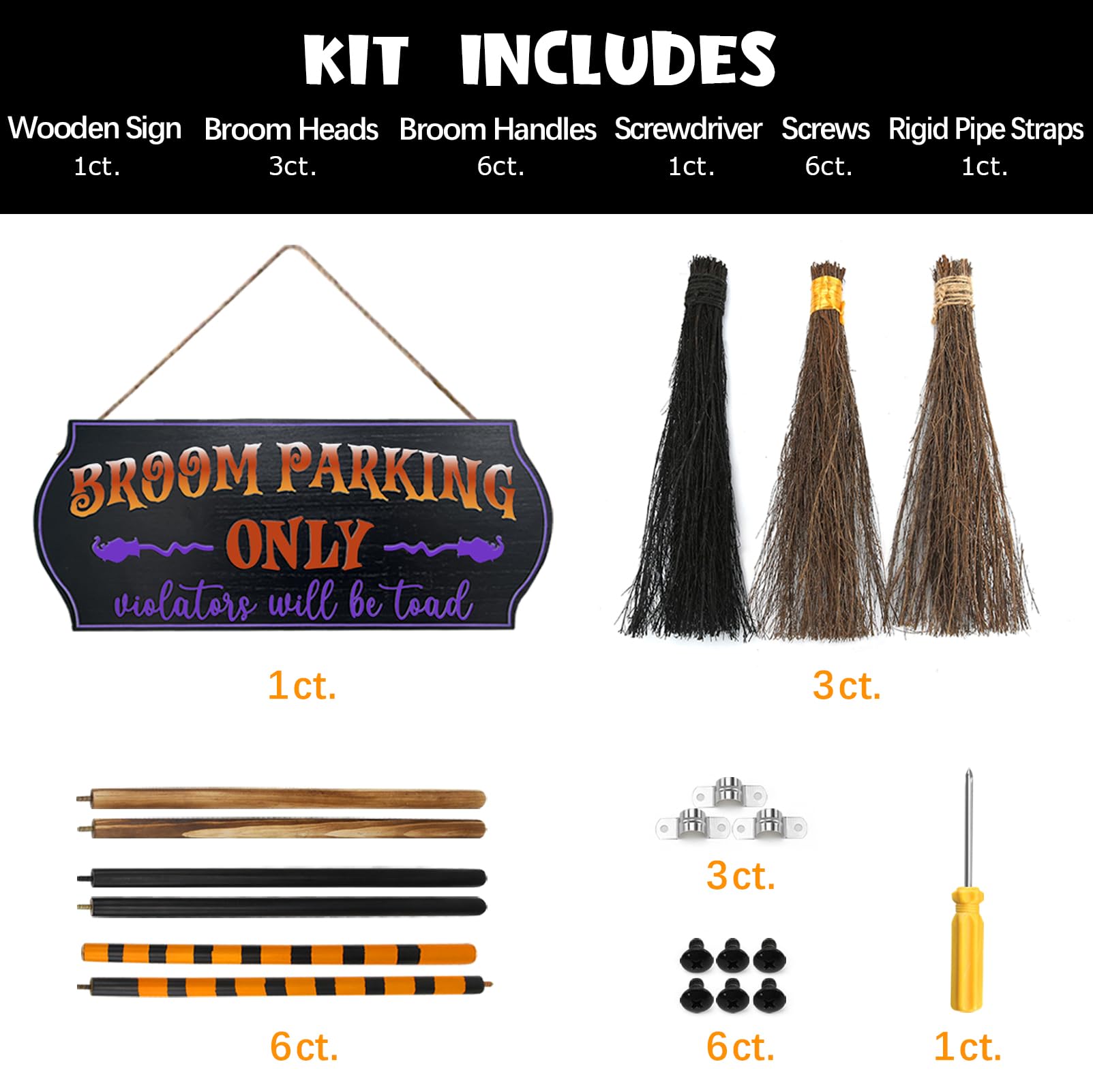 Oriental Cherry Halloween Decorations - Halloween Decor - Broom Parking Sign With 3 Wooden Witches Brooms - Hocus Pocus Cute Dec
