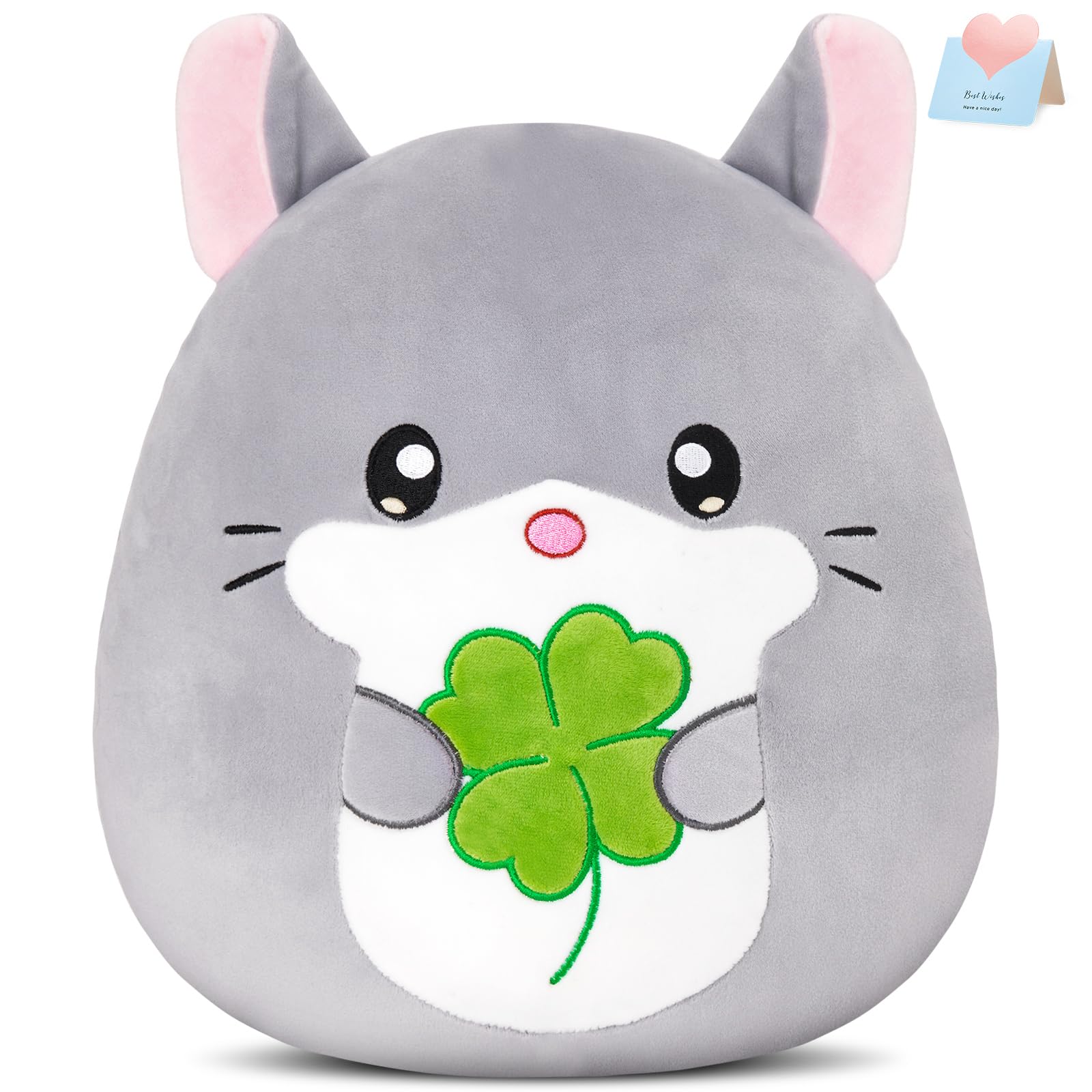 Cozyworld 13-Inch Chinchilla Plush Pillow With Four-Leaf Clover, Ultrasoft Grey Chinchilla Stuffed Animal Toy Hugging Throw Toy