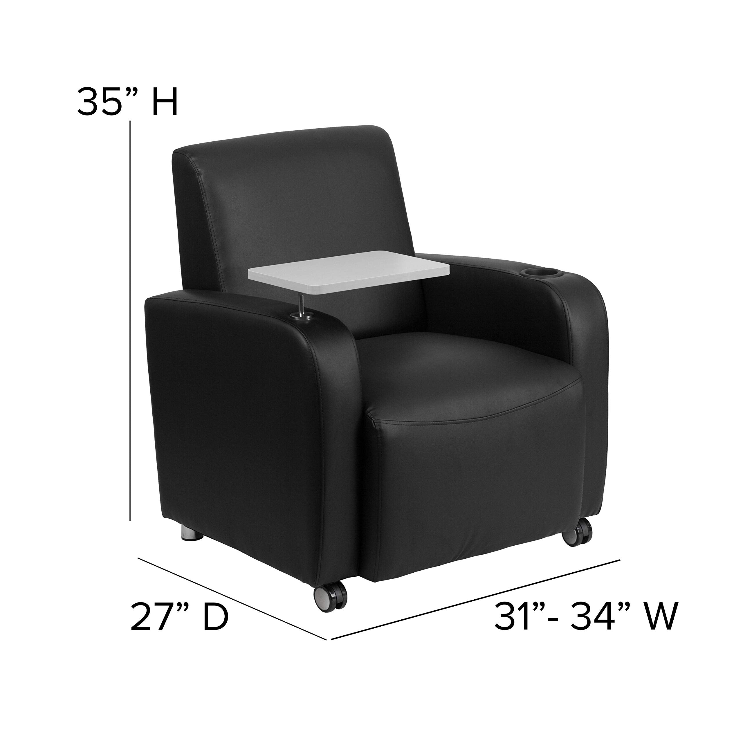 Flash Furniture George LeatherSoft Guest Chair with Tablet Arm, Cup Holder, and Front Wheel Casters, Upholstered Tablet Arm Chair for Offices, Black