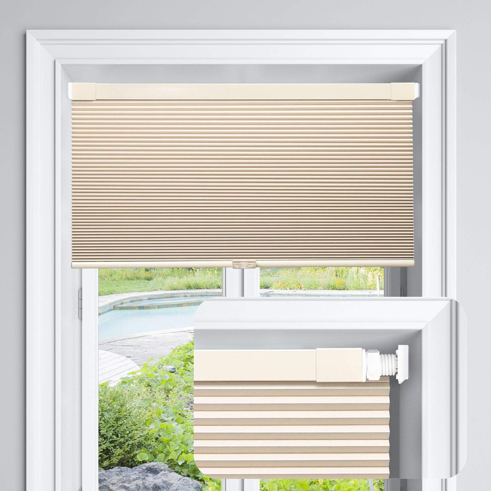 LazBlinds Cordless Cellular Shades, No Tools No Drill Blackout Honeycomb Shades Pleated Blinds for Windows, 28 W x 64 H, Soft Cr
