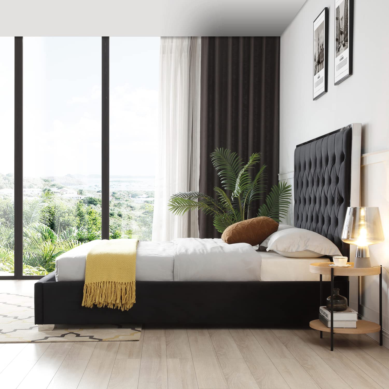 Better Home Products Sophia Velvet King Bed With Silver Metal Frame In Black