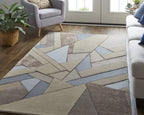 HomeRoots 514601 10 x 14 ft. Tan Brown & Blue Wool Geometric Hand Tufted Handmade Rectangle Area Rug