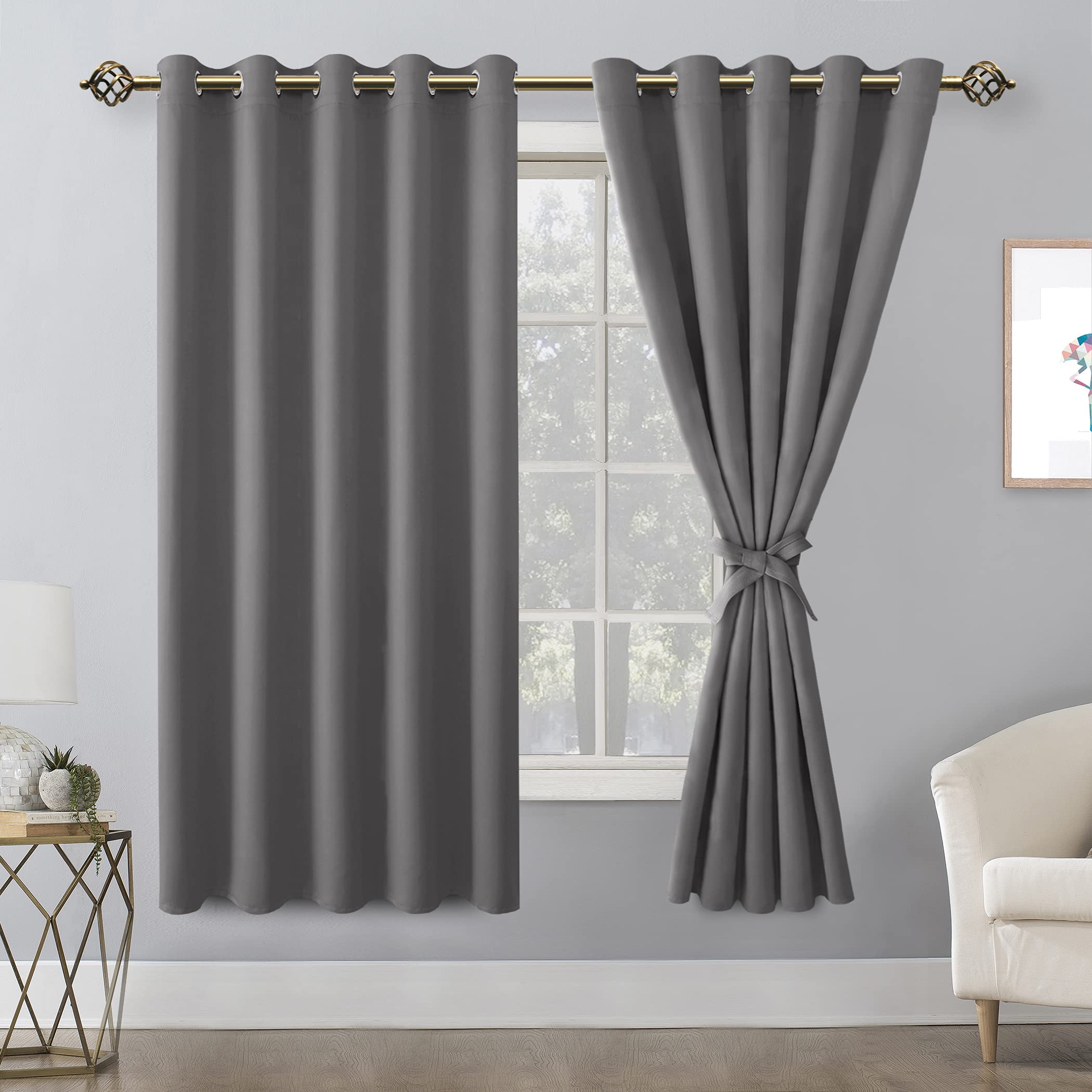 Hiasan Grommet Blackout Curtains For Bedroom, 60 X 72 Inches - Thermal Insulated & Light Blocking Window Drapes For Living Room/Dorm Room, Set Of 2 Panels Sewn With Tiebacks, Light Grey