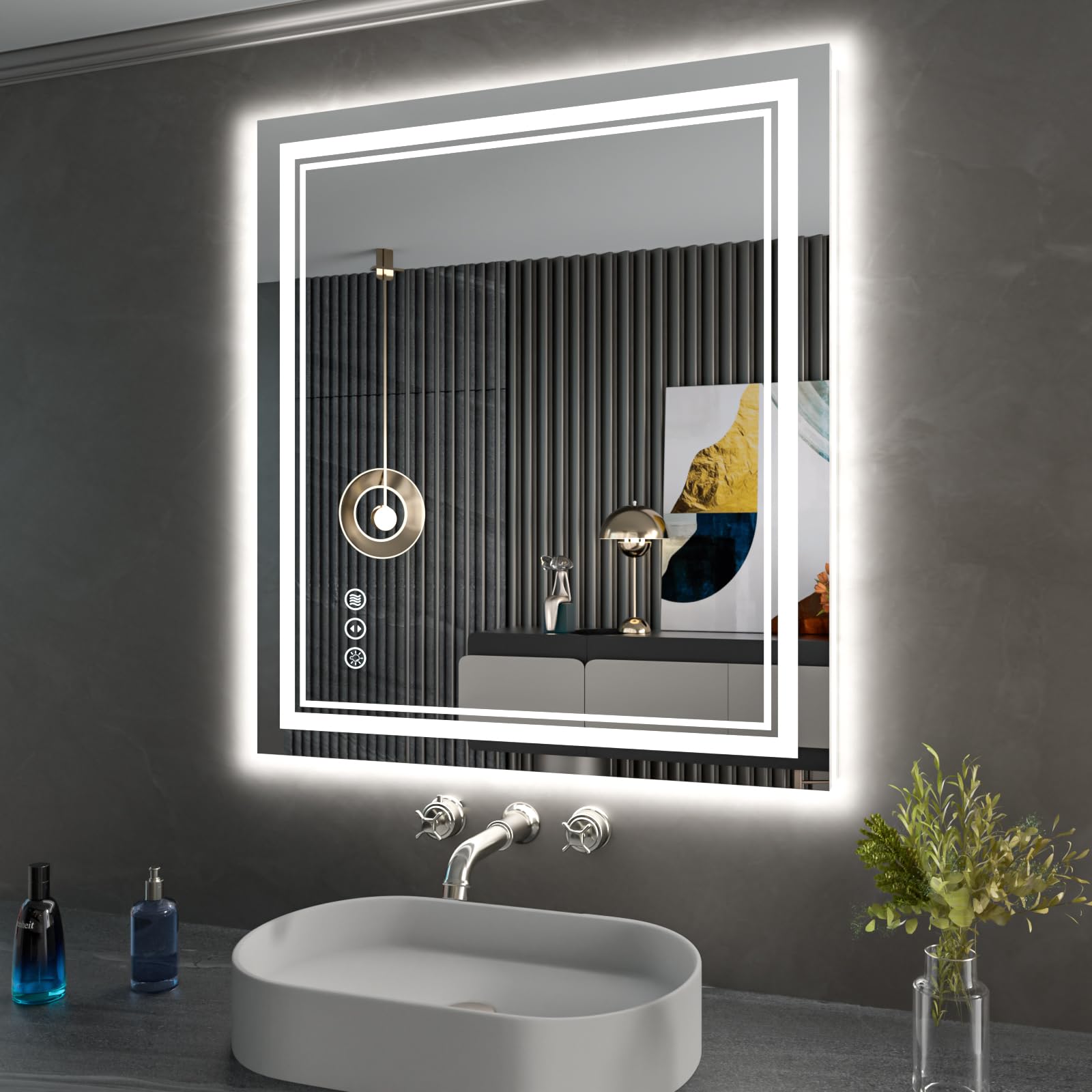 ISTRIPMF 28 x 32 Inch LED Bathroom Mirror, Front Light and Backlit Anti-Fog Dimmable Memory Lighted Vanity Mirror, Shatterproof 