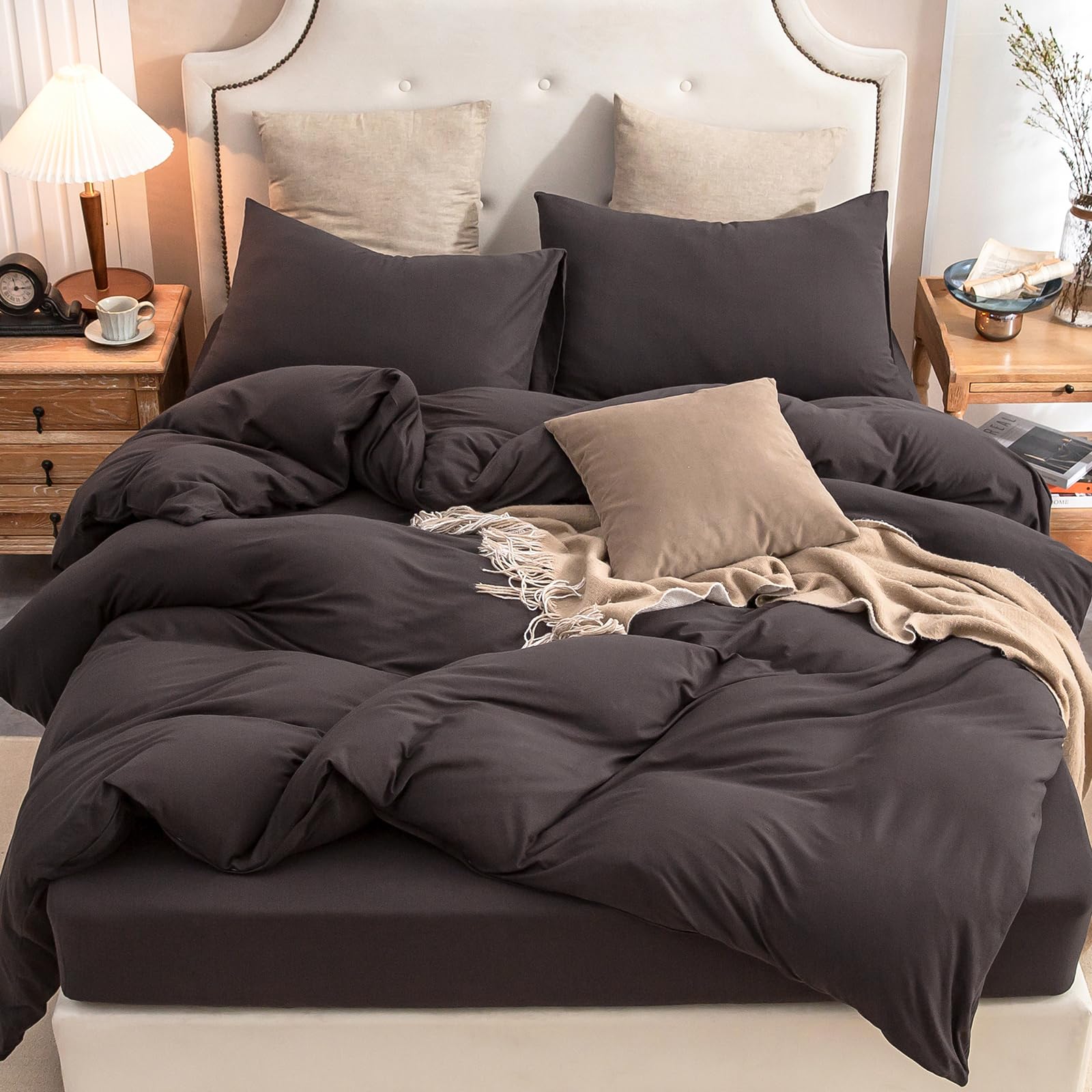 PURE ERA Jersey Knit Duvet Cover Set 100% T-Shirt Cotton Super Soft Comfy 3pc Bedding Set with Zipper Closure (Solid Dark Brown,