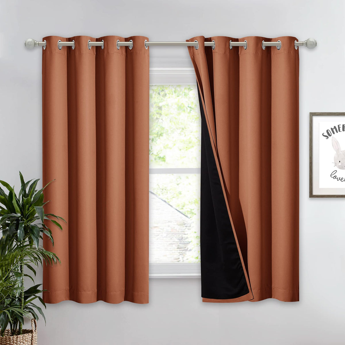 Nicetown Burnt Orange 100% Blackout Lined Curtain, 2 Thick Layers Completely Blackout Window Treatment Thermal Insulated Drape F