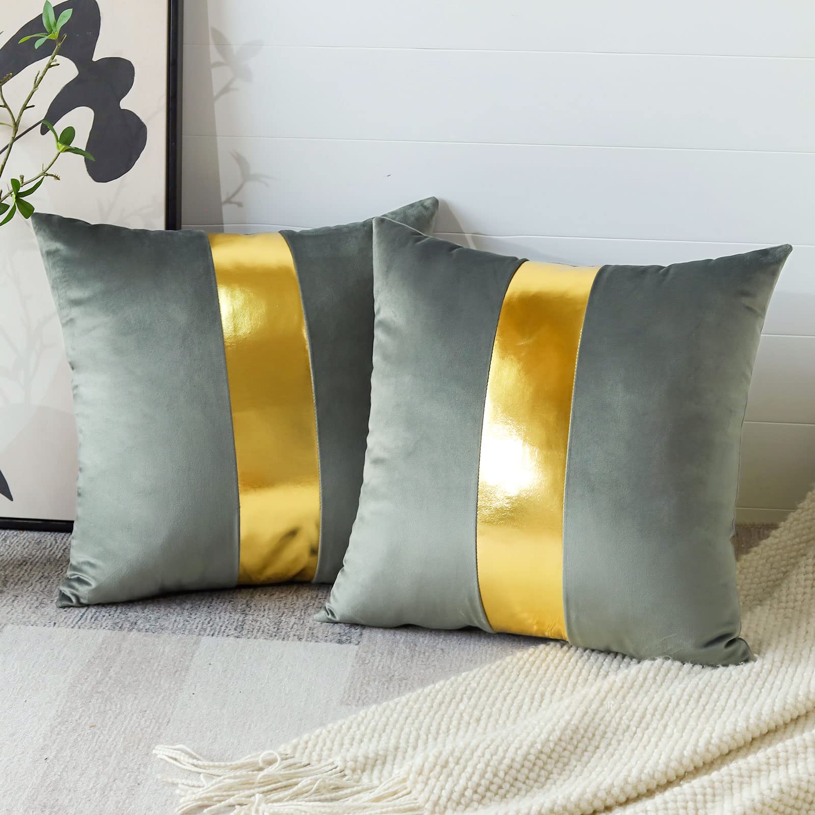 Artscope Grey Velvet Throw Pillow Covers With Gold Leather Stitching Luxury Modern Minimalist Square Pillowcase Cushion Covers For Bed Couch Sofa 20X20Inch Set Of 2