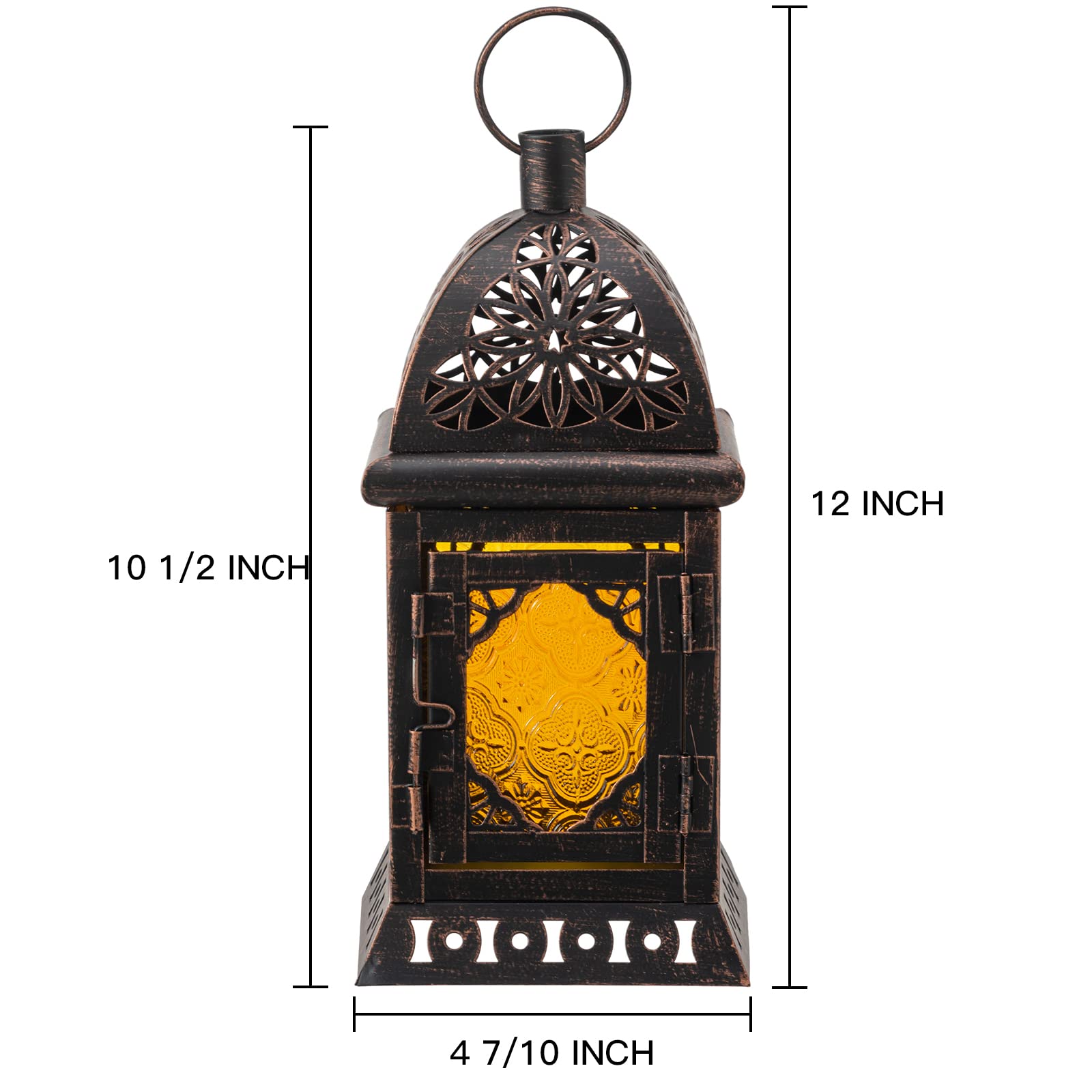 DECORKEY Candle Lantern - Vintage Moroccan 12'' Amber Glass & Black Metal Hanging/Tabletop Decor for Indoor/Outdoor Use