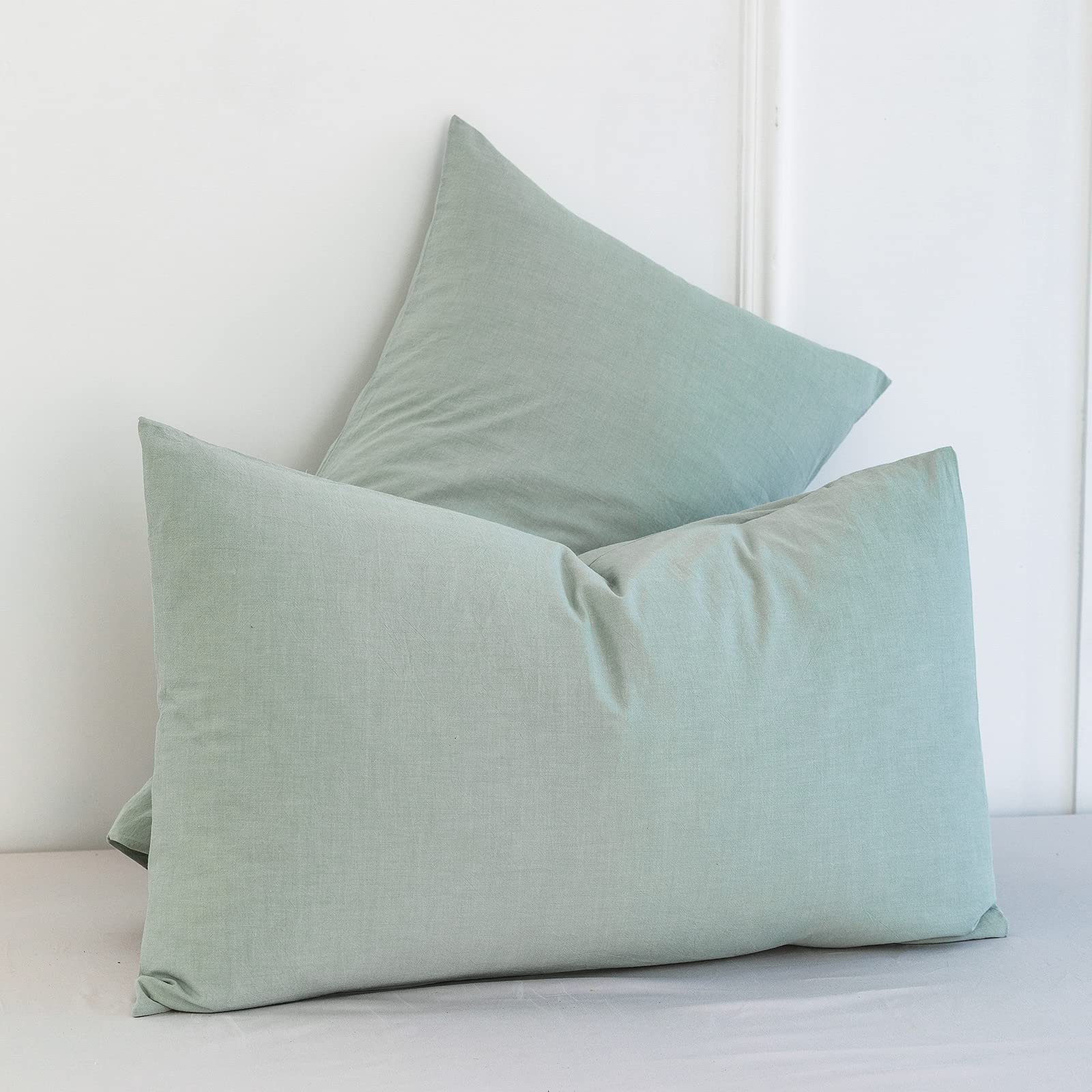 Moomee Bedding Pillowcases Pack Of 2 100% Washed Cotton Linen Like Textured Breathable Durable Soft Comfy (Sage Green, Standard)