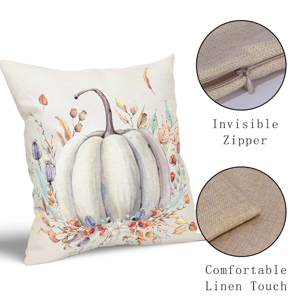 Fall White Pumpkin Pillow Covers 18X18 Inch Purple Flower Leaves Decorative Pillow Cases Seasonal Autumn Thanksgiving Harvest Th