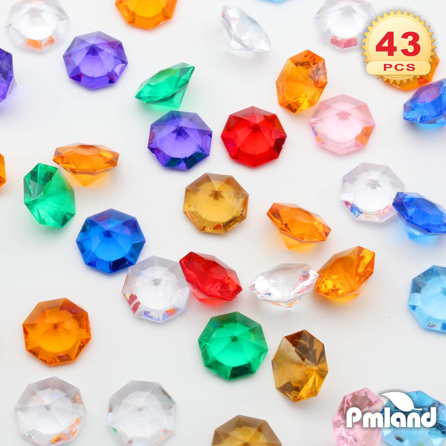 Pmland Large Acrylic Diamond Gems And Jewels Crystals Treasure Gemstones, 40 + Pieces Assorted Colors