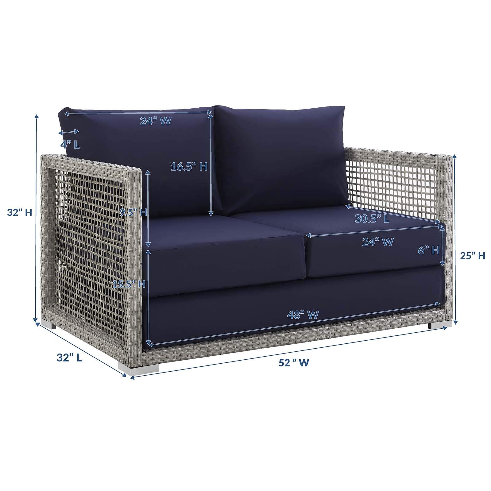 Modway Aura Outdoor Patio Wicker Rattan, Loveseat, Gray Navy