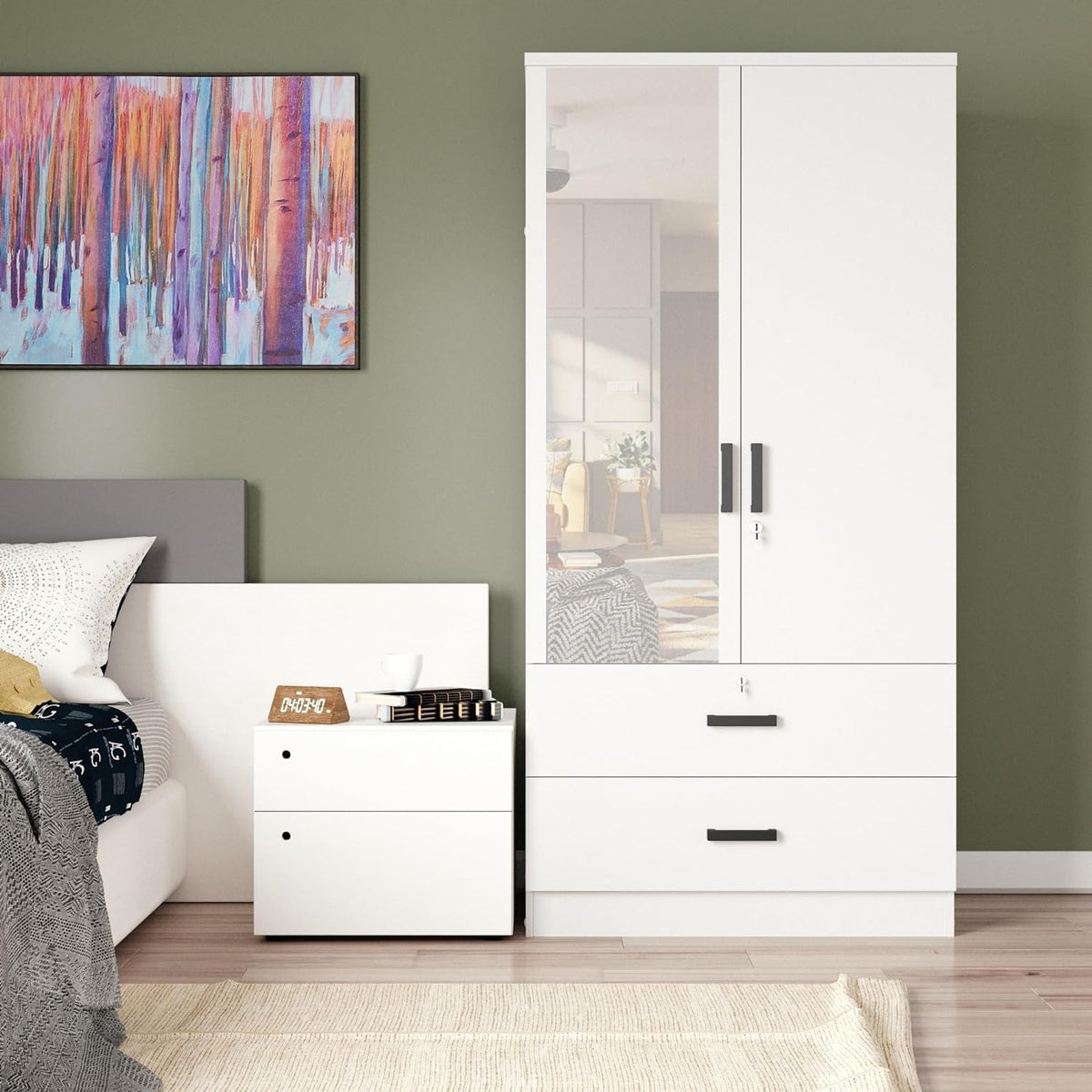 Woodpeckers Furniture And Mattress Mirrored 2 Doors Wardrobe & 2 Drawers 72&quot; Tall (White)