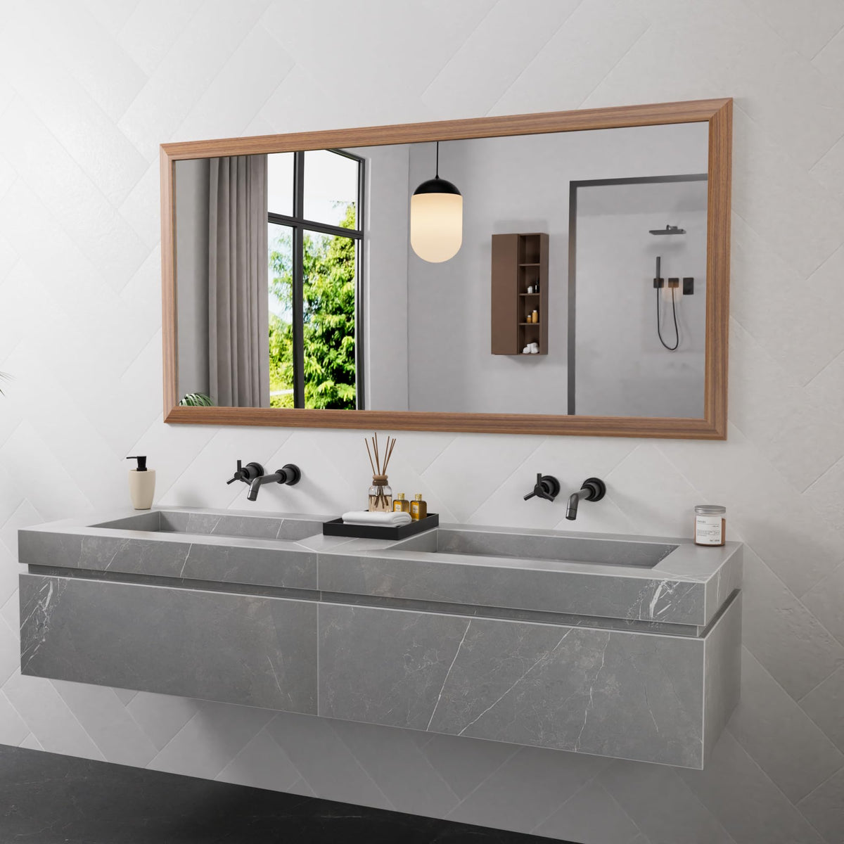 Amorho Bathroom Mirror, 72x36 Inch Wall Mirror, Walnut Wood Grain Metal Framed, Anti-Rust, Hang Horizontally/Vertically, Suitabl