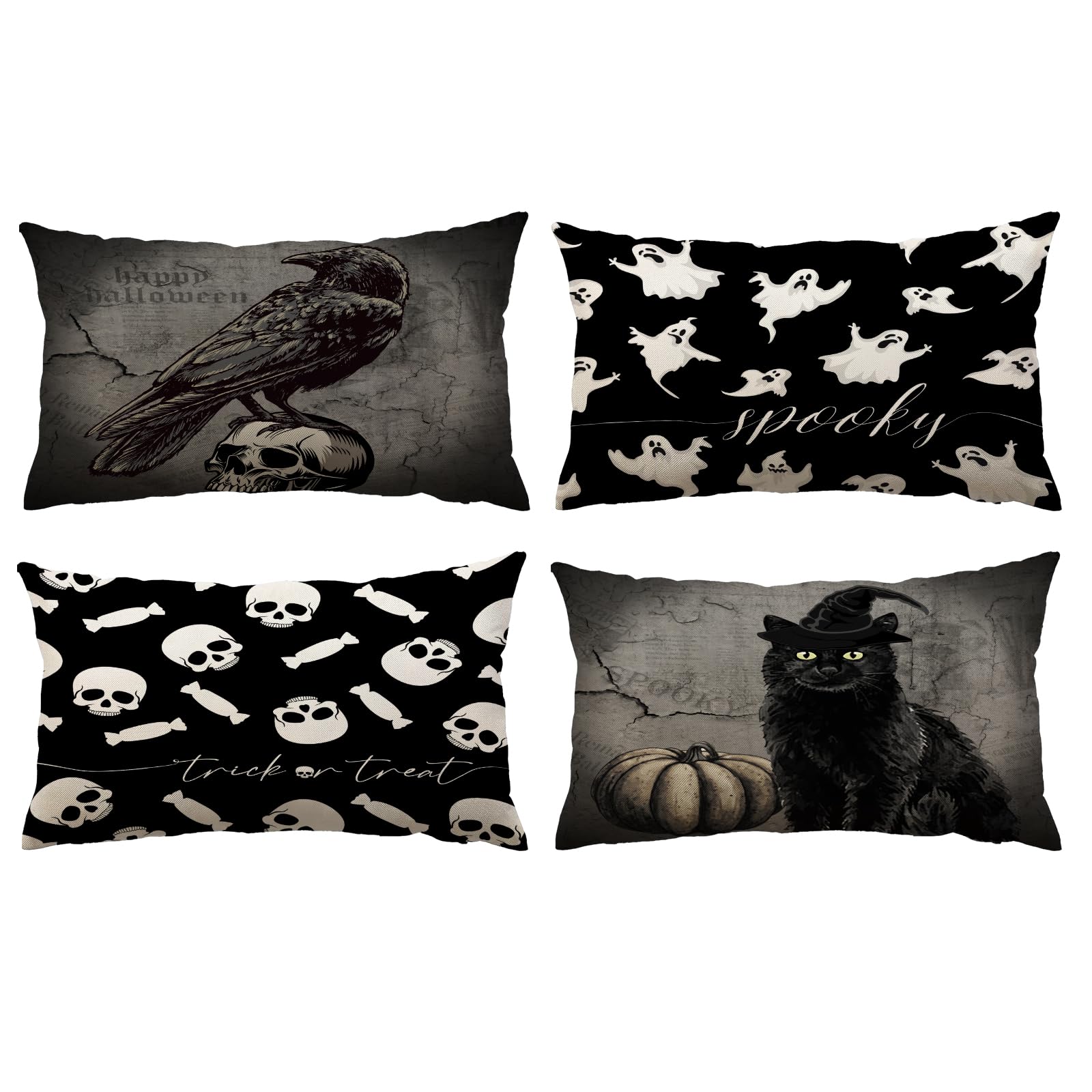 Yeeju Set Of 4 Halloween Pillow Covers 12X20 Inch Spooky Skull Ghost Decor Throw Pillow Covers Black Cat Crow Halloween Cushion