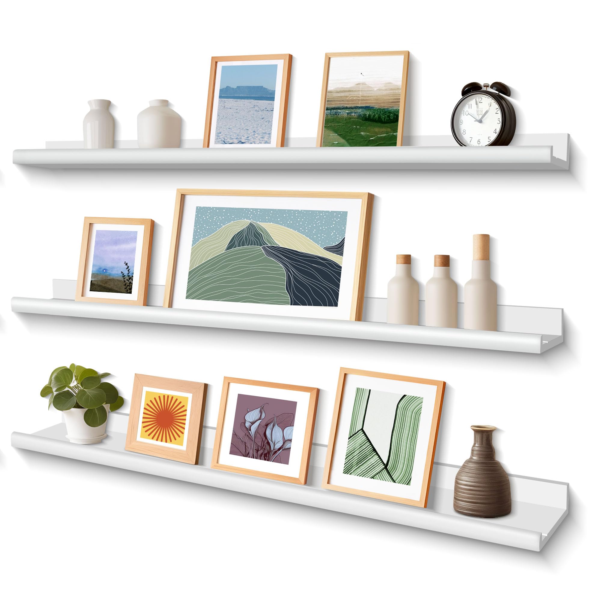 Annecy Floating Shelves Wall Mounted Set Of 3, 47 Inch White Rustic Wood Shelves For Wall, Wall Storage Shelves With Guardrail Design For Bedroom, Bathroom, Kitchen, Office, 3 Different Sizes