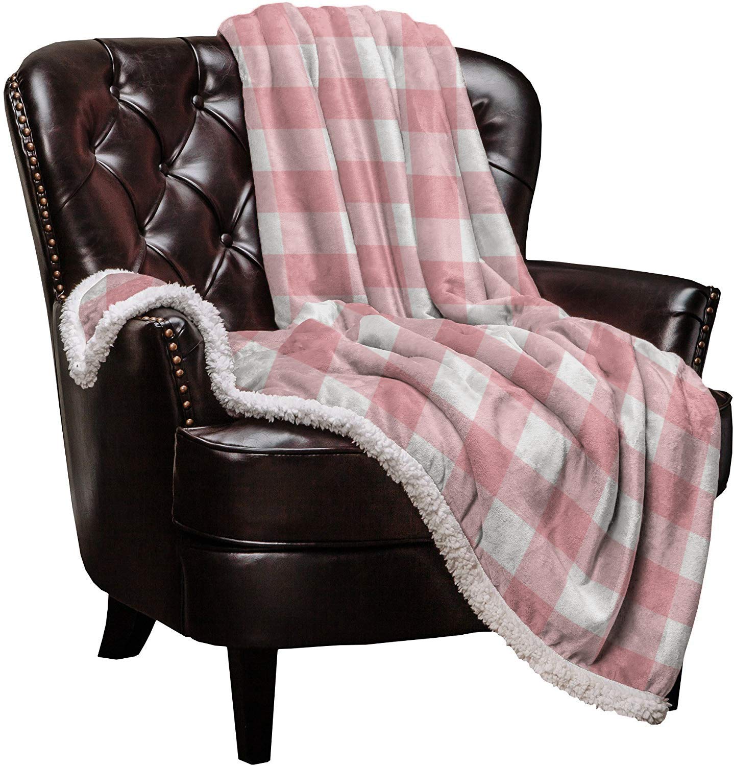 Roses Garden Sherpa Fleece Blanket,Pink And White Buffalo Plaid Bed Blanket Soft Cozy Luxury Blanket 60'X80',Fuzzy Thick Rever