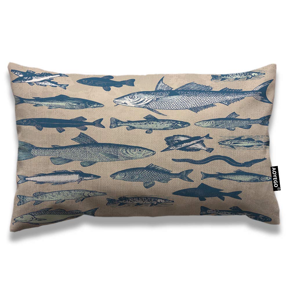 Aoyego Fish Throw Pillow Cover 12X20 Inch Vintage Ocean Sea Fish Animals Eel Seafood Theme Rectangle Pillow Cases Home Decorativ