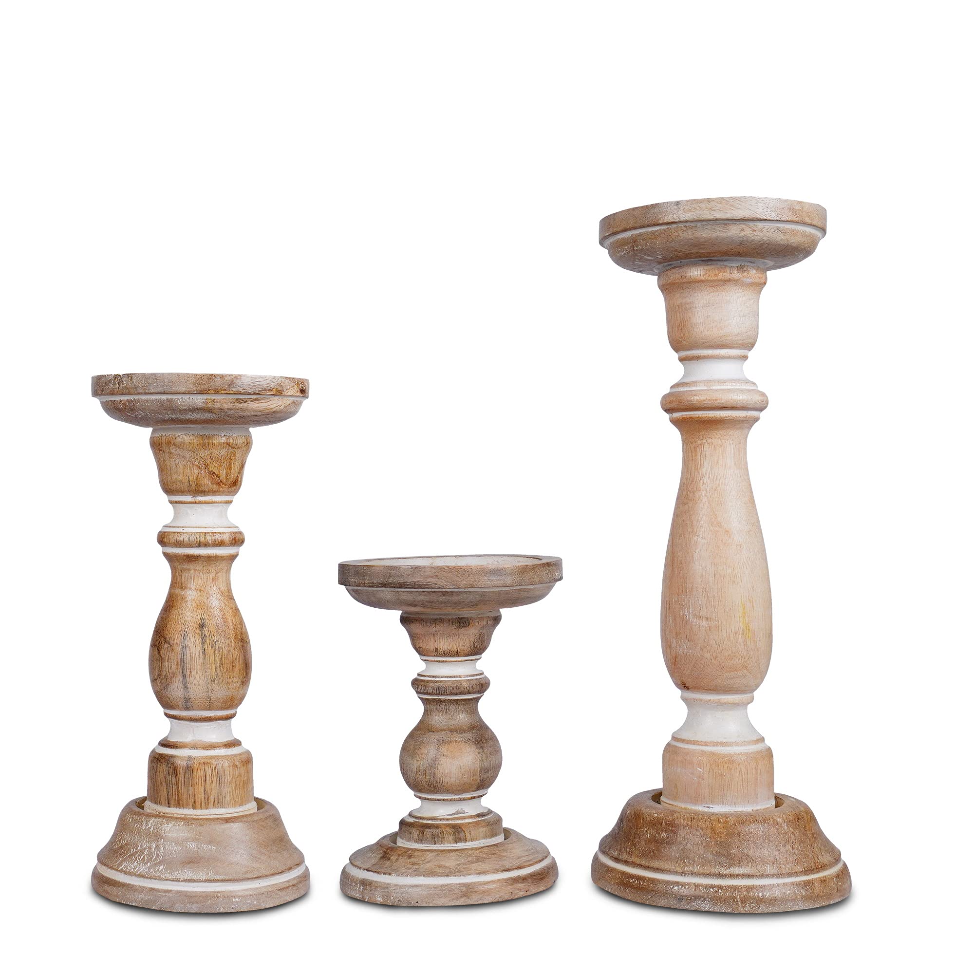 Mela Artisans Whitewashed Hand Carved Wooden Pillar Candle Holders - Set of 3 | Tuli Decorative Style | Crafted from Mango Wood 