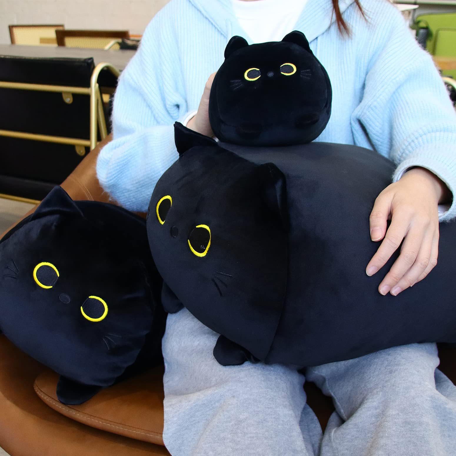 Black Cat Plush Toy Black Cat Pillow,16' Soft Fat Black Cat Stuffed Animals Cat Plushie, Kawaii Plush Pillow Cushion Cat Throw
