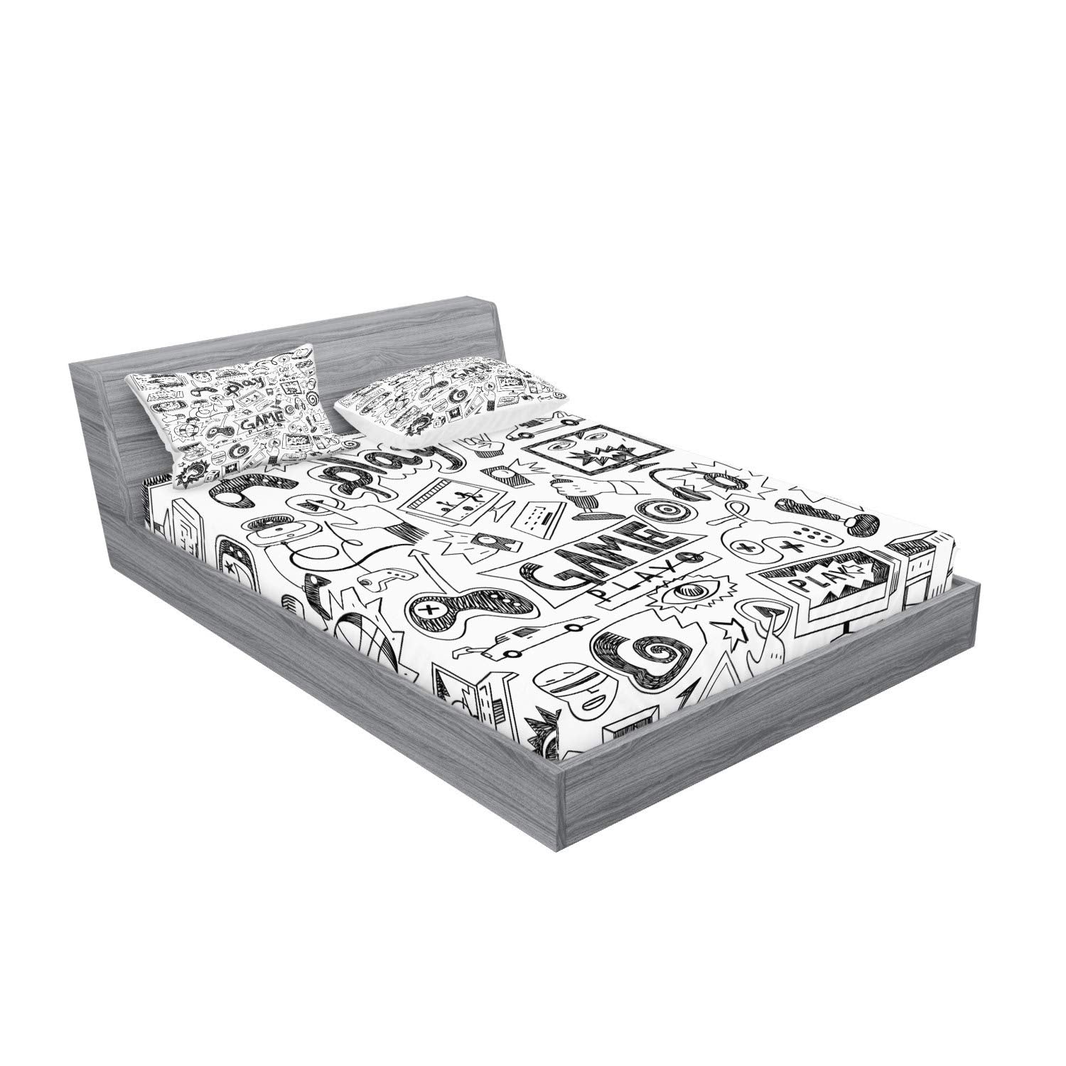Ambesonne Video Games Bedding Set Sheet & Covers Bedroom Dorm Play Room Decor Monochrome Sketch Style Gaming Design Racing Gamer